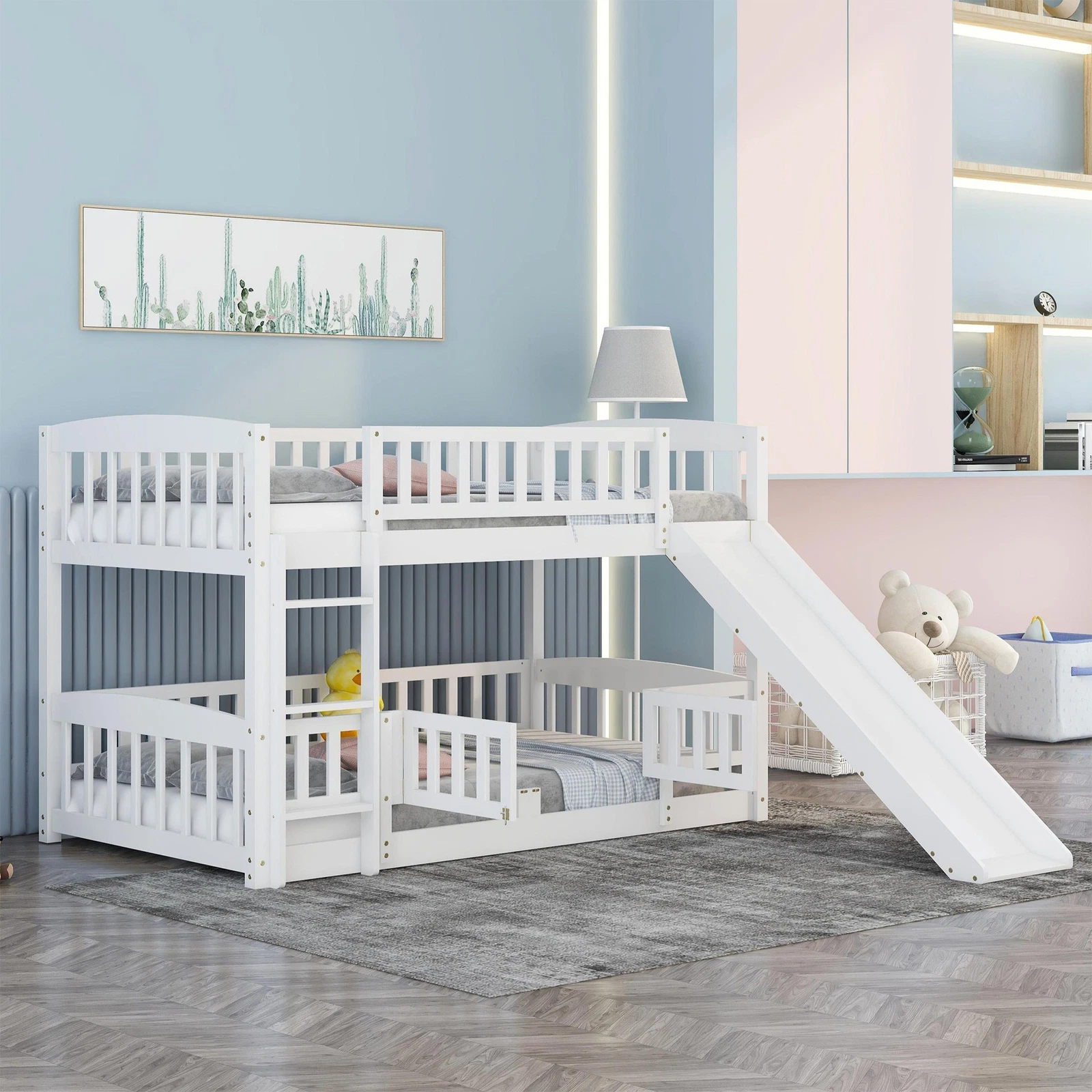 Twin Over Twin Low Bunk Bed with Slide, Fence and 